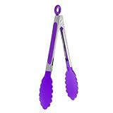 BCHZ Kitchen Tongs With Silicone Heads Cooking Salad Food Serving BBQ Tongs Stainless Steel Handle Utensil (Purple)