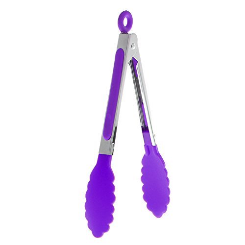 BCHZ Kitchen Tongs With Silicone Heads Cooking Salad Food Serving BBQ Tongs Stainless Steel Handle Utensil (Purple)