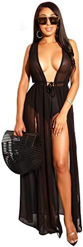 Women Chiffon Beach Cover Up Maxi Dress Tie Waist Sleeveless Split Side Bikini Swimsuit Long Cardigan Beachwear