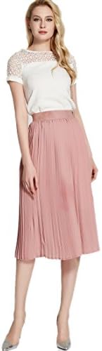 Elastic Waist Chiffon Pleated Skirt for Women with High Waisted Pink L