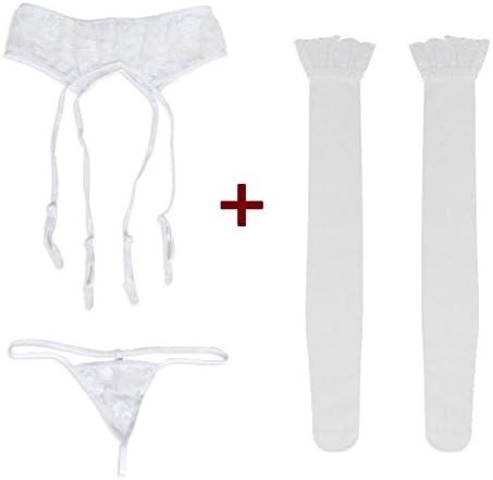 Diau Charn Sexy Women's Lace Garter Belt Stocking G-String Lingerie Set Thigh-Highs Body Stockings (Garter Belt + Silk Stockings, White)