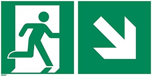 Emergency exit Down and Right, photoluminescent Vinyl 12 x 6 inches Rescue Sign, ISO 7010 [E002], Pack of 1