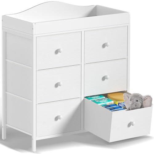 BOLUO White Changing Table Dresser with 6 Drawers Baby Dresser with Changing