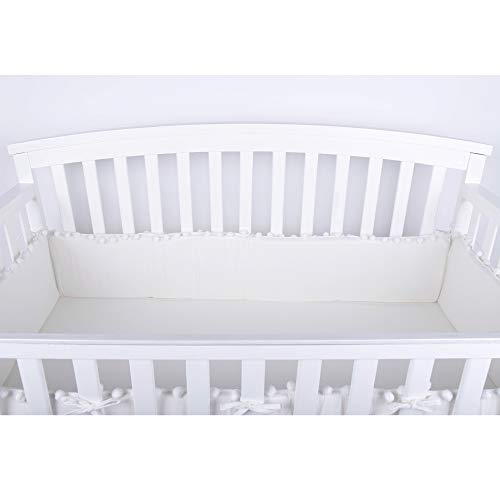 LOAOL Baby Crib Bumper Pads with Pom Pom Breathable Washable Padded Crib Liner Nursery Toddler Decor (White)