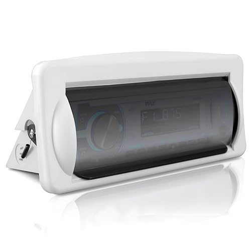 Pyle Marine Radio Cover Waterproof White DIN Housing – Boat Stereo Protector with Flip Up Door UV Resistant Support Shelf