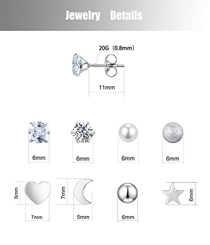 (silver, 8)earring sets helix earrings hypoallergenic earrings small hoop earrings stainless steel earrings for women Ball Heart Star Pearl Moon cubic zirconia Stud Earrings Studs for Women men girl