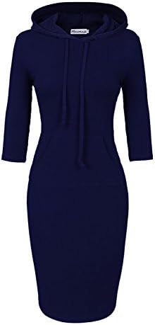 Mesoana Women Hooded Sweatshirt Pullover Stripe Keen Length Kangaroo Pocket Sports Dress (S, Navy Blue)