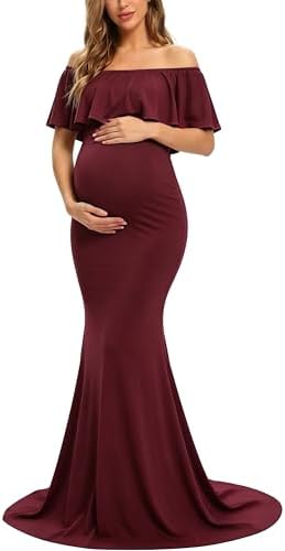 slim fit maternity dress Taqqpue Womens Off the Shoulder Maternity Dress for Photoshot Baby Shower Wedding Guest Long Sleeve Slim Fit Gown Flowy Ruffle Stretchy Long Maxi Dress Photography Pregnancy Dresses