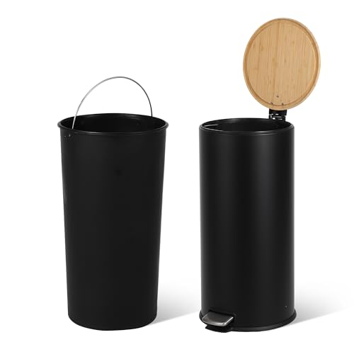 30L Stainless Steel Trash Can with Bamboo Lid, Pedal - Operated Garbage Bin with Removable Inner Bucket for Kitchen, Bathroom, Small Spaces