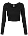 KOGMO Womens Long Sleeve Crop Top Solid Round Neck T Shirt -M-BLACK