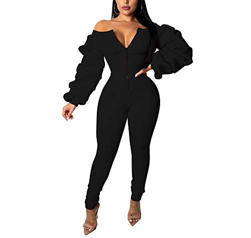 Ophestin Women Solid Long Sleeve Off Shoulder Zipper Front Sexy Jumpsuits Rompers Long Rompers Black XL