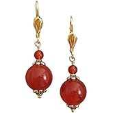 Red Carnelian Earrings Round Dangles Gold Plated Lever Backs Handmade Women Jewelry in Gift Box