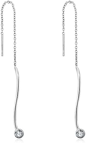 Sterling Silver Round Drop Threader Dangle Earrings (Style 2)