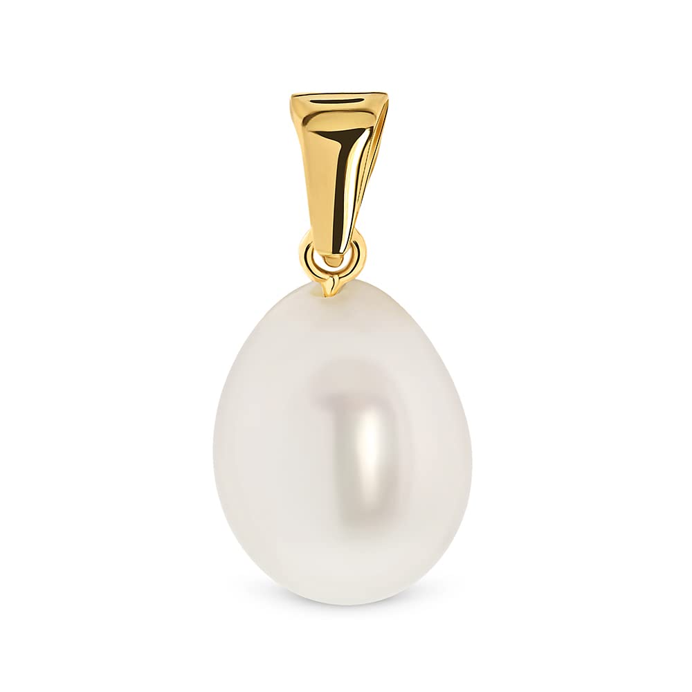 MIORE 18 karat 750 Yellow Gold Charm Pendant with white Freshwater Pearl 8.00 mm for Girls and Women- size 8.5 x 17.7mm- Handmade- Jewellery Gift Box included