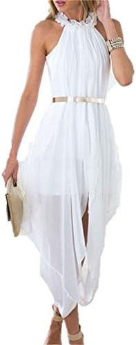 Designer97 Women's Elegant Hi Low Sheer Chiffon Gold Belted Folds Casual Beach Holiday Party Dress