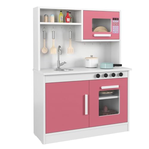 Cozinha Infantil Encanto Completa Nicho Forno Micro-Ondas Ganchos Porta Utensílios Torneira Metálica Pia Fogão Cooktop Armário Criança Menina Menino - RP Online (Branco/Rosa)