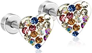 Cubic Zirconia Large Heart Earrings for Girls Womens Earings Mens Screw Back Stainless Steel Rainbow Colored