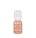 Lifefactory 4-Ounce BPA-Free Glass Baby Bottle with Protective Silicone Sleeve and Stage 1 Nipple, Cantaloupe