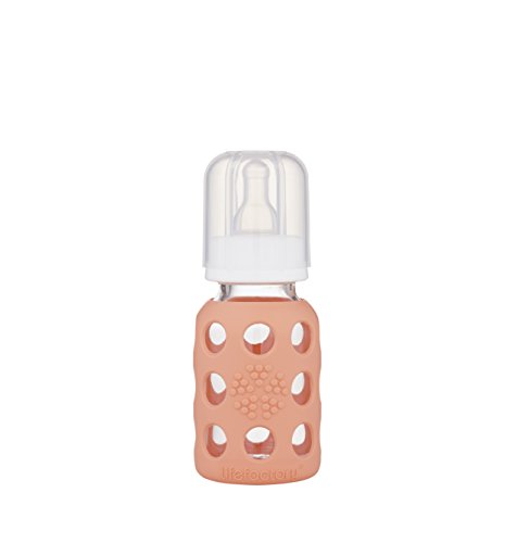 Lifefactory 4-Ounce BPA-Free Glass Baby Bottle with Protective Silicone Sleeve and Stage 1 Nipple, Cantaloupe
