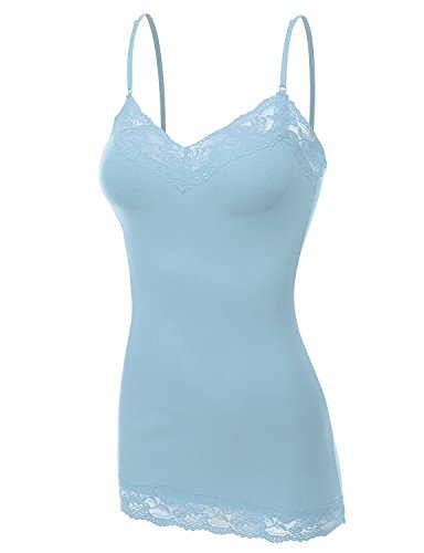 RT1004 Ladies Adjustable Spaghetti Strap Lace Trim Long Tunic Cami Tank Top Powder Blue L