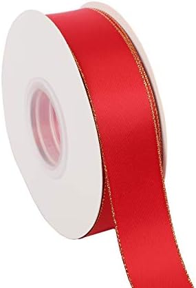 ITIsparkle 1" Inch Double Faced Satin Ribbon 25 Yards with Gold Edges, 1" X 25Yd - Red