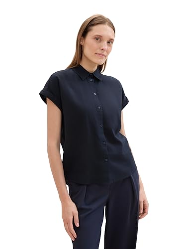 TOM TAILOR Damen Basic Kurzarm-Bluse mit Leinen, sky captain blue, 32