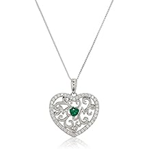 Women's Rhodium Plated Sterling Silver Synthetic Emerald Heart Shape Swarovski Zirconia Antique Pendant Necklace, 18 Inches
