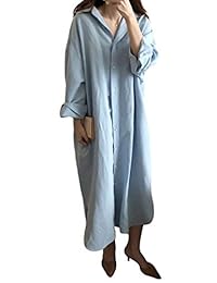 GGUHHU - Vestido largo de algodón con botones y manga inscrita para mujer