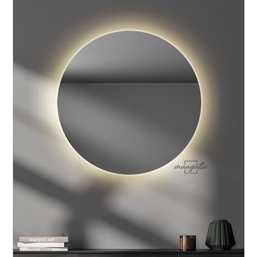 mangatta. Espejo Circular, luz LED cálida, Desde 50 hasta 120 cm de diámetro, 6 mm, Acabado en Canto Pulido, Soporte de Carga de Acero