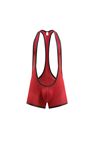 Swbreety Men's Mesh Bodysuit Wrestling Jockstrap Singlet Boxer Underwear Red