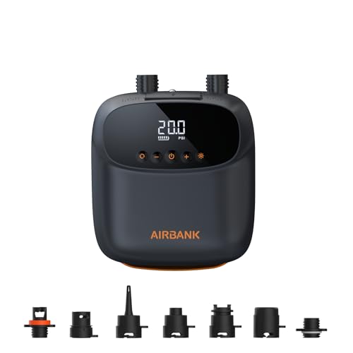 AIRBANK Electric Air Pump SUP Pump with Battery The Puffer Pro, Rechargeable Dual Stage Air Pump with Automatic Shut-off for Paddleboard, Wing Foil and Kite, Tent, Mattress