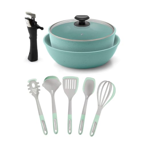 JadeCook Batería de Cocina Jade Smart Antiadherente de 10 piezas con Utensilios, Mango Desmontable Multipropósito con 6 Capas de Recubrimiento Antiadherente 100% libre de tóxicos