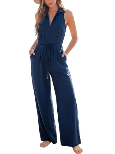 CUPSHE Mono elegante de verano para mujer, sin mangas, con cuello de cremallera, cuello en V, cinturón para atar la pierna ancha, para el tiempo libre