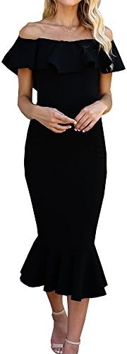Chellysun Women Off Shoulder Ruffle Bodycon Party Dress Evening Gown Fishtail Midi Dress