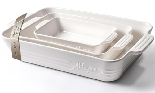 Ceramic Baking Dish Set, 3-Piece Casserole Dishes for Oven, Rectangular Baking Pans, Deep Lasagna Pans with Handles, Multi-Size Set for Cooking, Baking, Serving, and Gifting, White (16.1''/12.2''/9'')