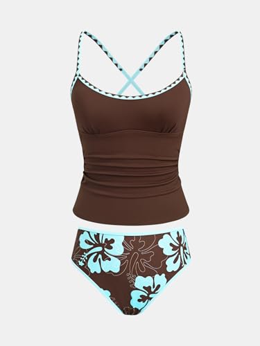 CUPSHE Two Piece Tankini Set for Women Tummy Control Bathing Suits Mid Rise Racerback Tie Seams Bathing Suits