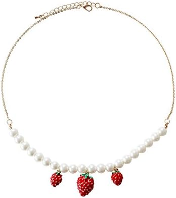 18K Gold Plated Three Strawberry with a string of imitation pearls Charm Women Pendant Necklace