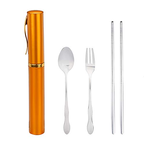 Portable Folding Travel Dinnerware Set Stainless Steel Tableware Camping Tools Reusable Lunch Cutlery Fork Spoon Chopsticks Set (Gold)