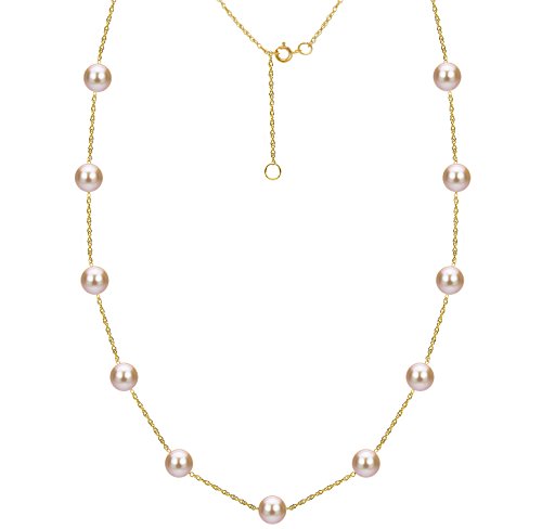 Tin Cup Station Cultured Freshwater Pink Pearl Necklace 14K Gold Jewelry for Women 18 inch 8-8.5mm