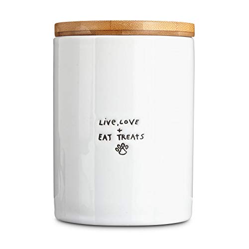 Harmony "Live, Love & Eat Treats" Ceramic Dog Treat Jar, Small, White / Natural Wood