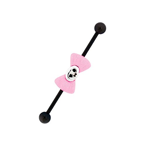 14g-Black-Pvd-Coated-Steel-Industrial-Barbell-with-Skull-and-Bow-Centerpiece