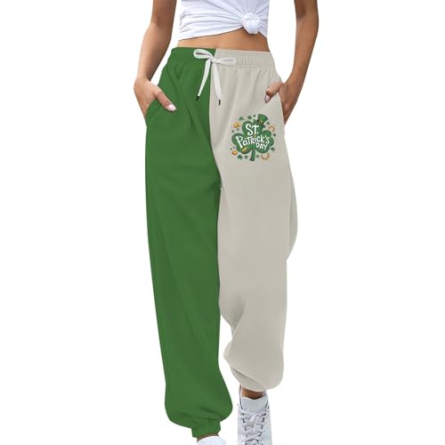 St Patricks Day Sweatpants Women Plus Size High Waisted Straight Leg Elastic Cuffed Irish Shamrock Sweats Green and White Pants Color Block Patchwork Saint Patricks Day Outfit