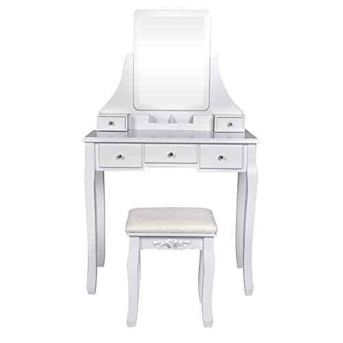 Vanity Table Set Square Mirror with 4 Removable Dividers, Dressing Table Vanity Makeup Table Cushioned Stool & 5 Drawers for Bedroom/Women/Gift (Square Mirror, White)