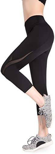 Annjoli Women's Mesh Workout Running Leggings Yoga Capris Pants Pocket (XL, Black)