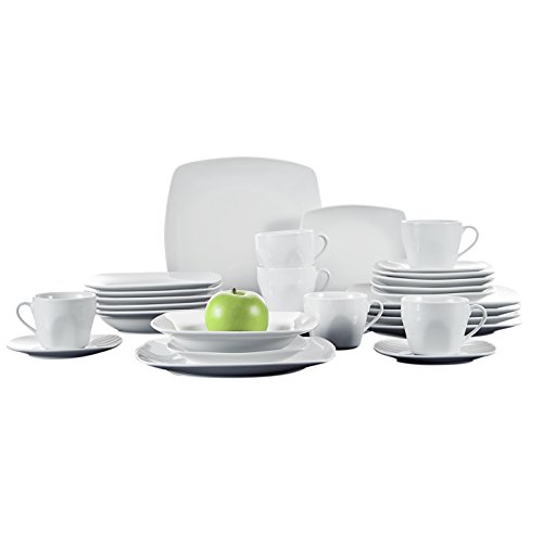 Malacasa, Series Julia, 30-Piece Ivory White Porcelain Dinnerware Set with 6-Piece Cups 6-Piece Saucers 6-Piece Dessert Plates 6-Piece Soup Plates and 6-Piece Dinner Plates Service Set for 6