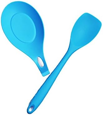 FAMCÜTE Premium Silicone Spoonula / Cooking Shovel/ Spatula Spoon with Heat Resistant Non-Stick Silicone for Non-Stick Cookware(Salad Spatula+ Silicone Spoon Rest, Blue)