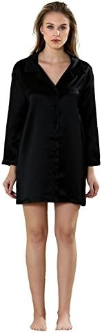 Vividmoo Women's 19 Momme Satin 100% Mulberry Silk Boyfriend Style Nightwear Pajamas Shirt Black XXL