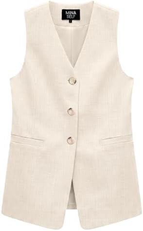 LXYZXZ Long Linen Waistcoat Vest for Women Summer Casual High Neck