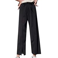 Conversege Fashion Women Casual Solid Color Loose Chiffon High Pant Elastic Waist Ankle-Length Pant Black