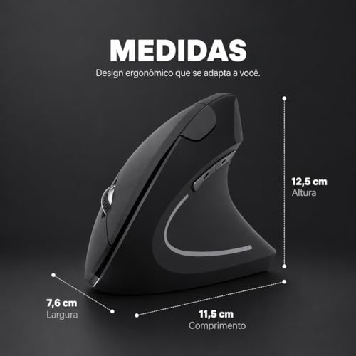 Mouse Ergonômico Sem Fio Vertical Recarregável Silencioso RGB - Reduz Dor no Pulso e Fadiga – Compatível com Windows, Mac, Notebook, PC – Preto, Design Ortopédico DPI Ajustável